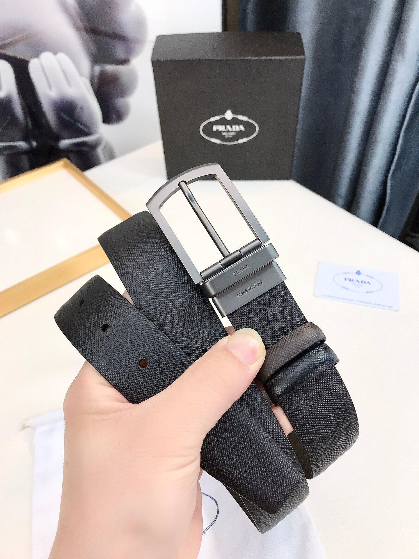Prada Saffiano leather logo detail reversible belt