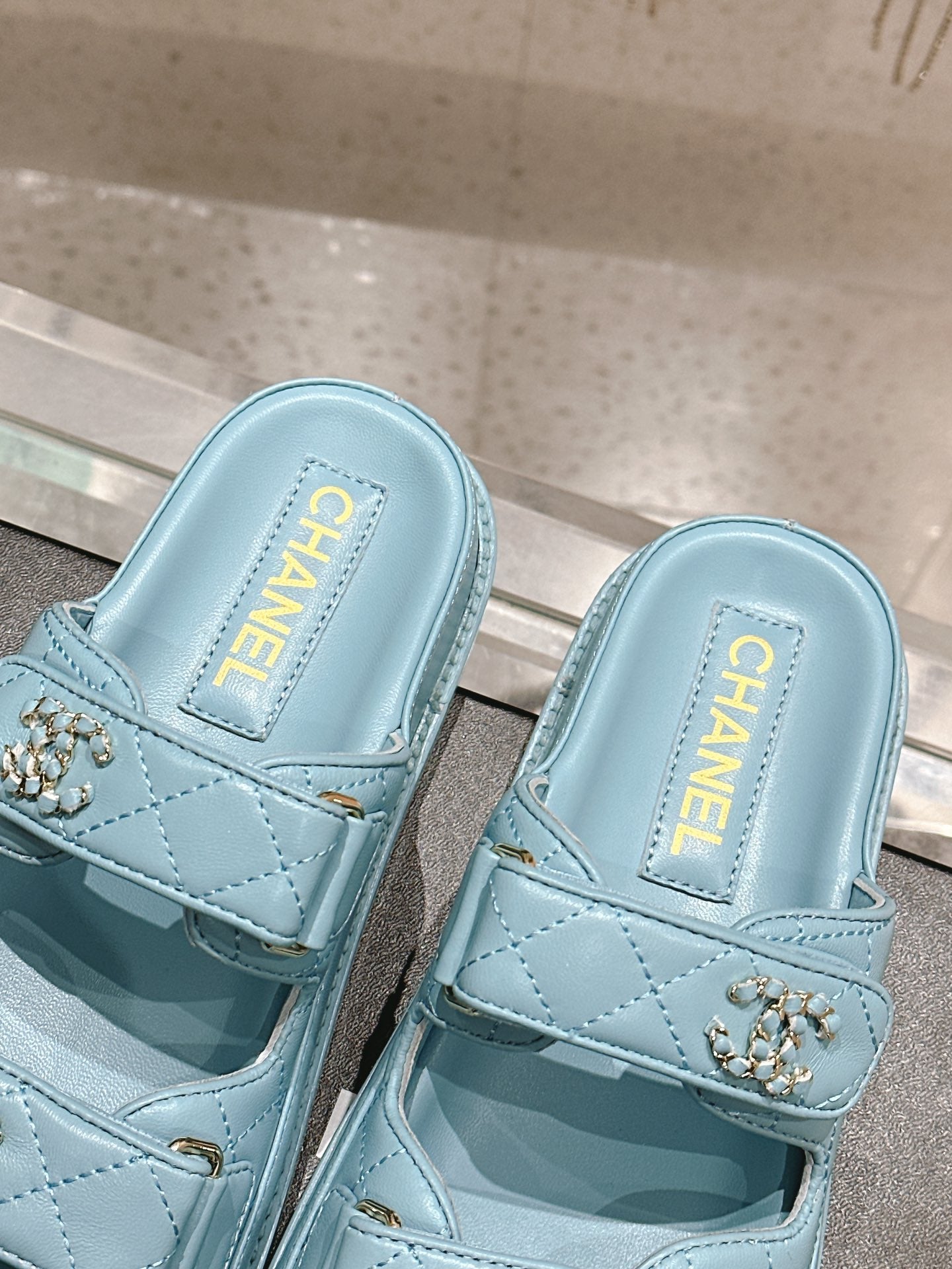 Chanel Laminated Lambskin Quilted Velcro Dad Chain CC Slide Sandals 39.5 Light Blue