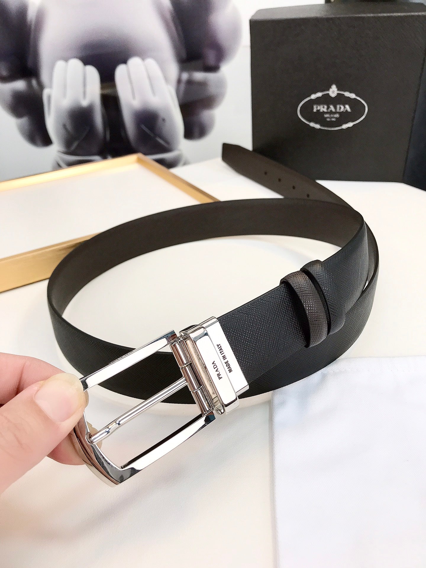 Prada Saffiano leather logo detail reversible belt