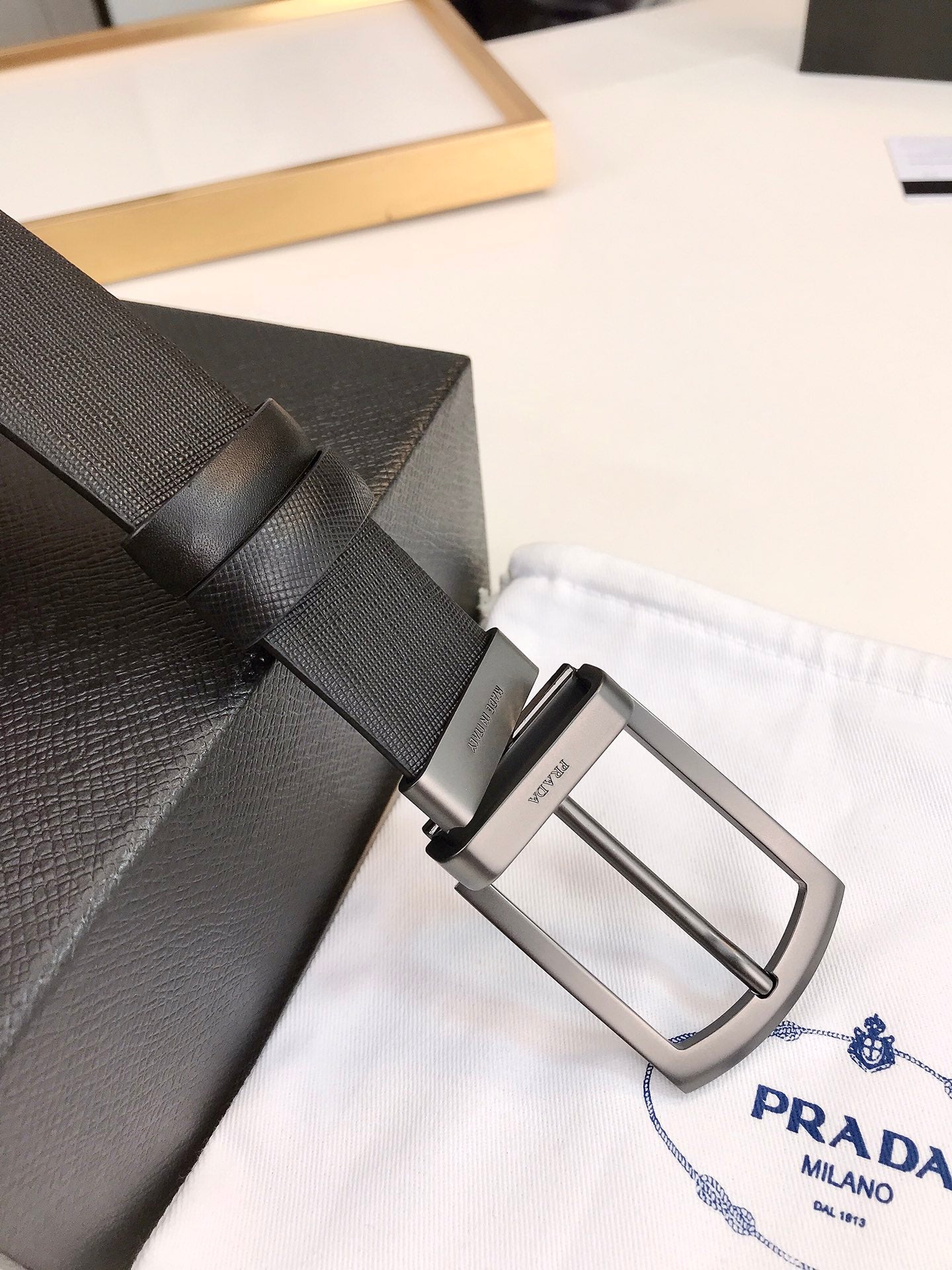 Prada Saffiano leather logo detail reversible belt