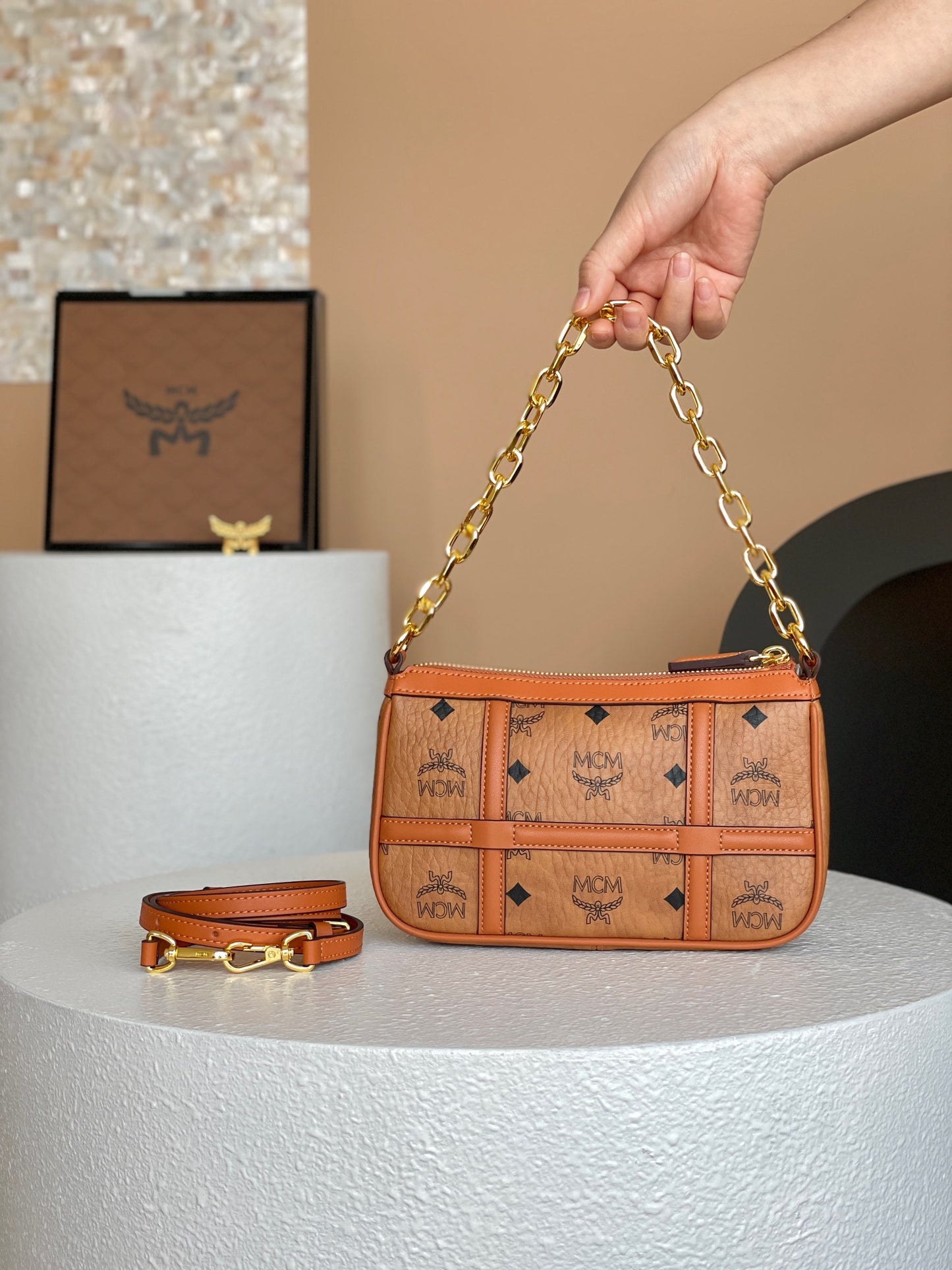 MCM Aren Shoulder Mini Cognac