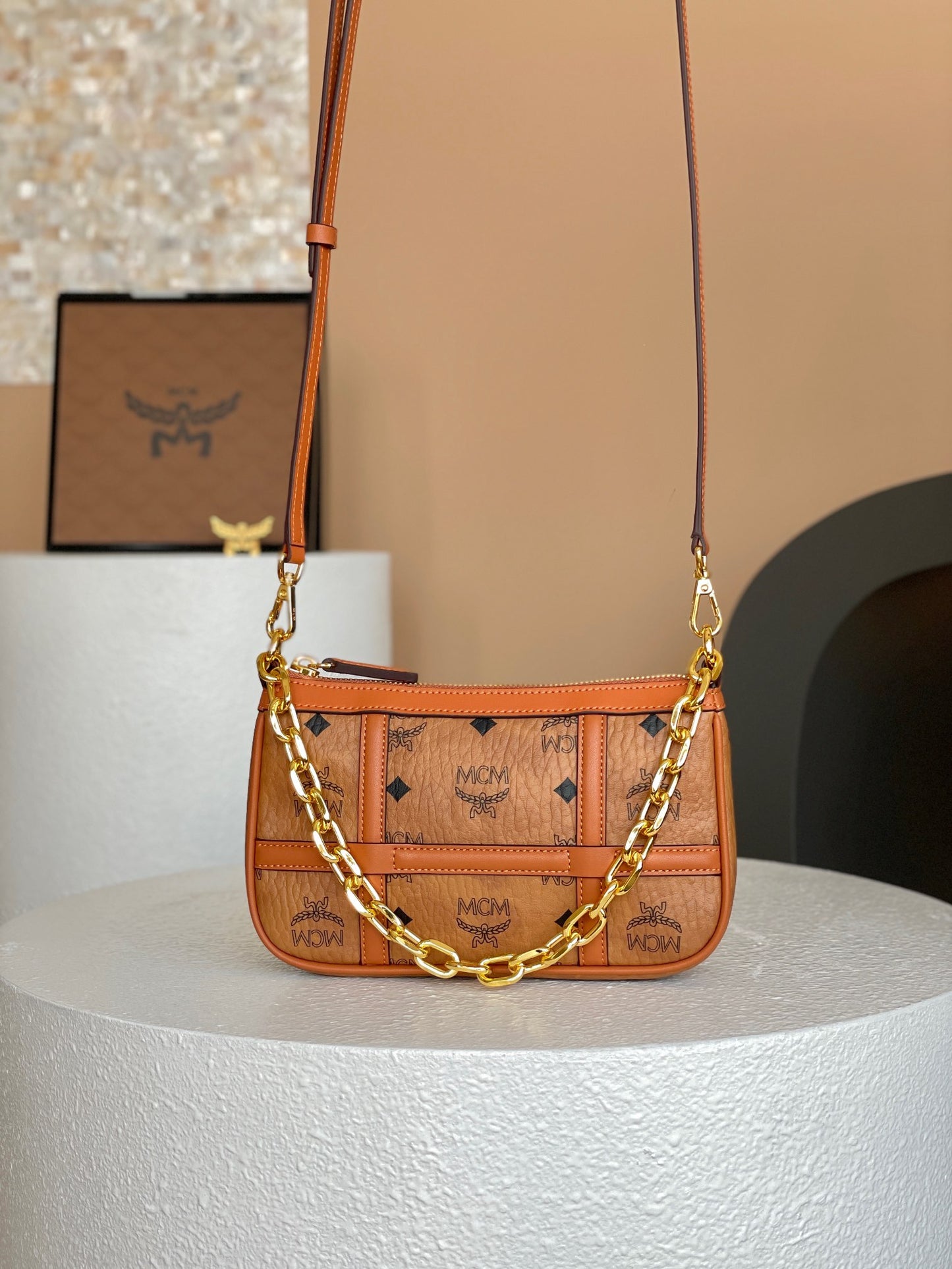 MCM Aren Shoulder Mini Cognac