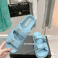 Chanel  Laminated Lambskin Quilted Velcro Dad Chain CC Slide Sandals 39.5 Light Blue