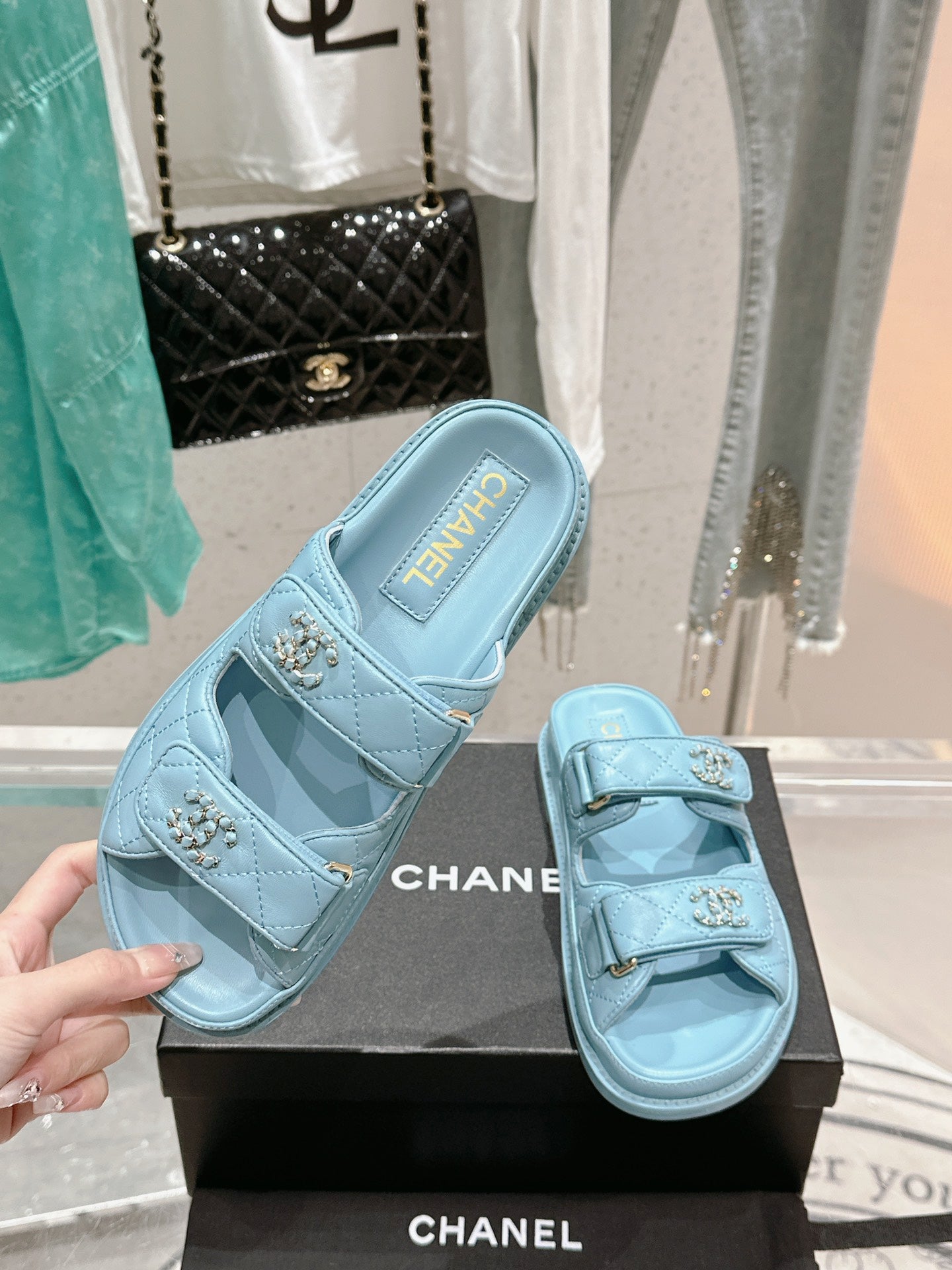 Chanel  Laminated Lambskin Quilted Velcro Dad Chain CC Slide Sandals 39.5 Light Blue