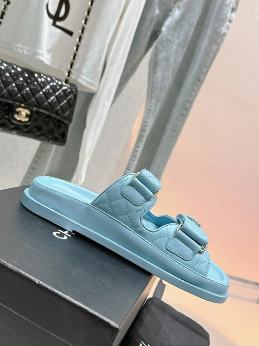 Chanel  Laminated Lambskin Quilted Velcro Dad Chain CC Slide Sandals 39.5 Light Blue