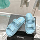 Chanel  Laminated Lambskin Quilted Velcro Dad Chain CC Slide Sandals 39.5 Light Blue