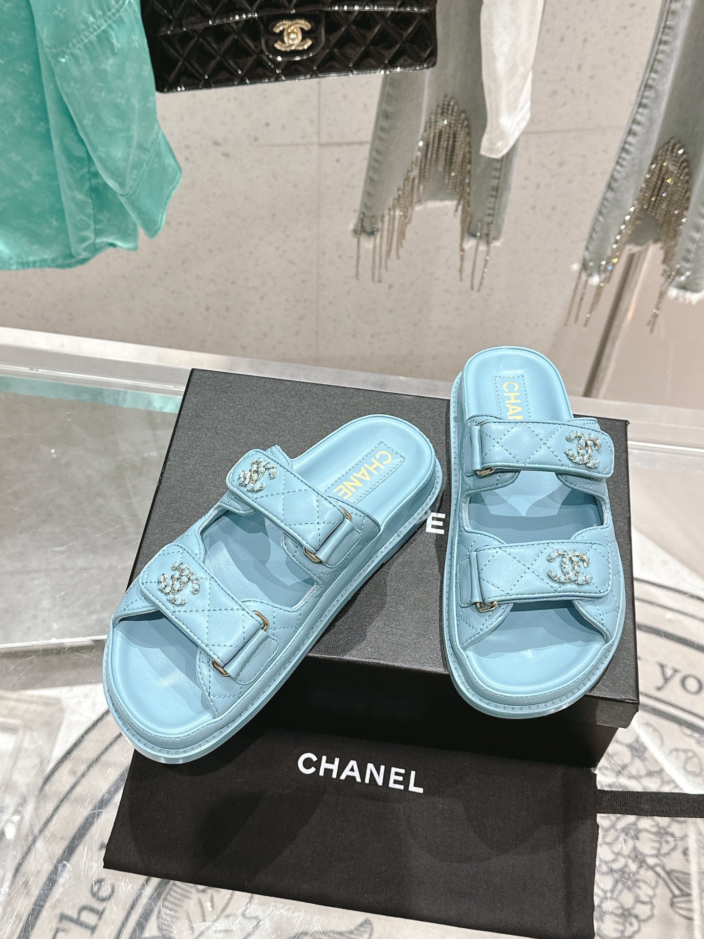 Chanel  Laminated Lambskin Quilted Velcro Dad Chain CC Slide Sandals 39.5 Light Blue