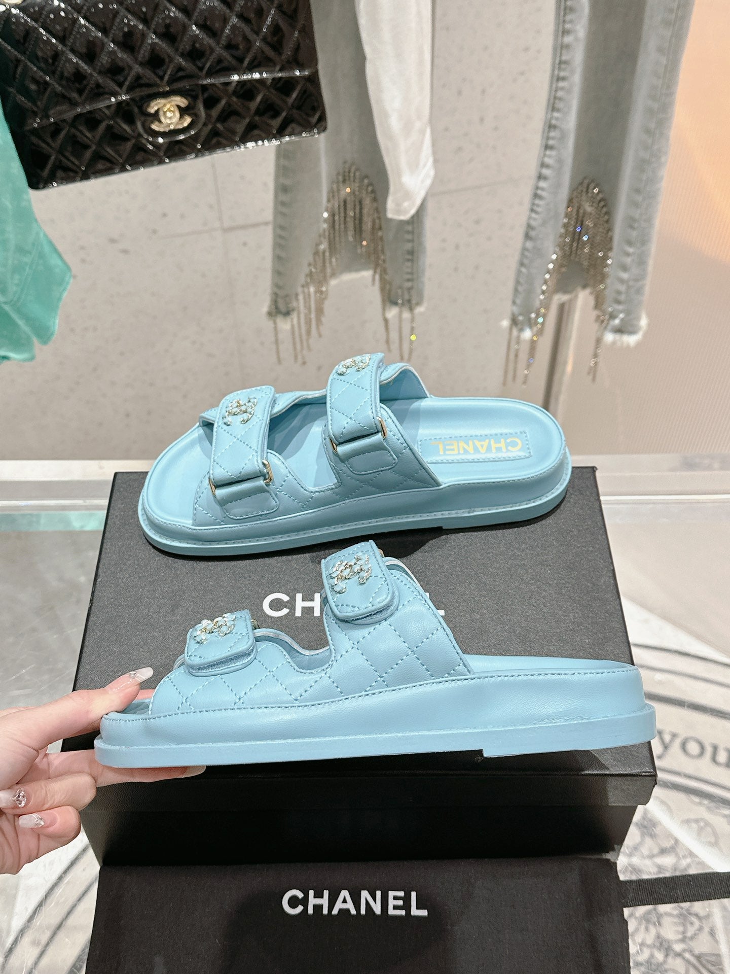 Chanel  Laminated Lambskin Quilted Velcro Dad Chain CC Slide Sandals 39.5 Light Blue