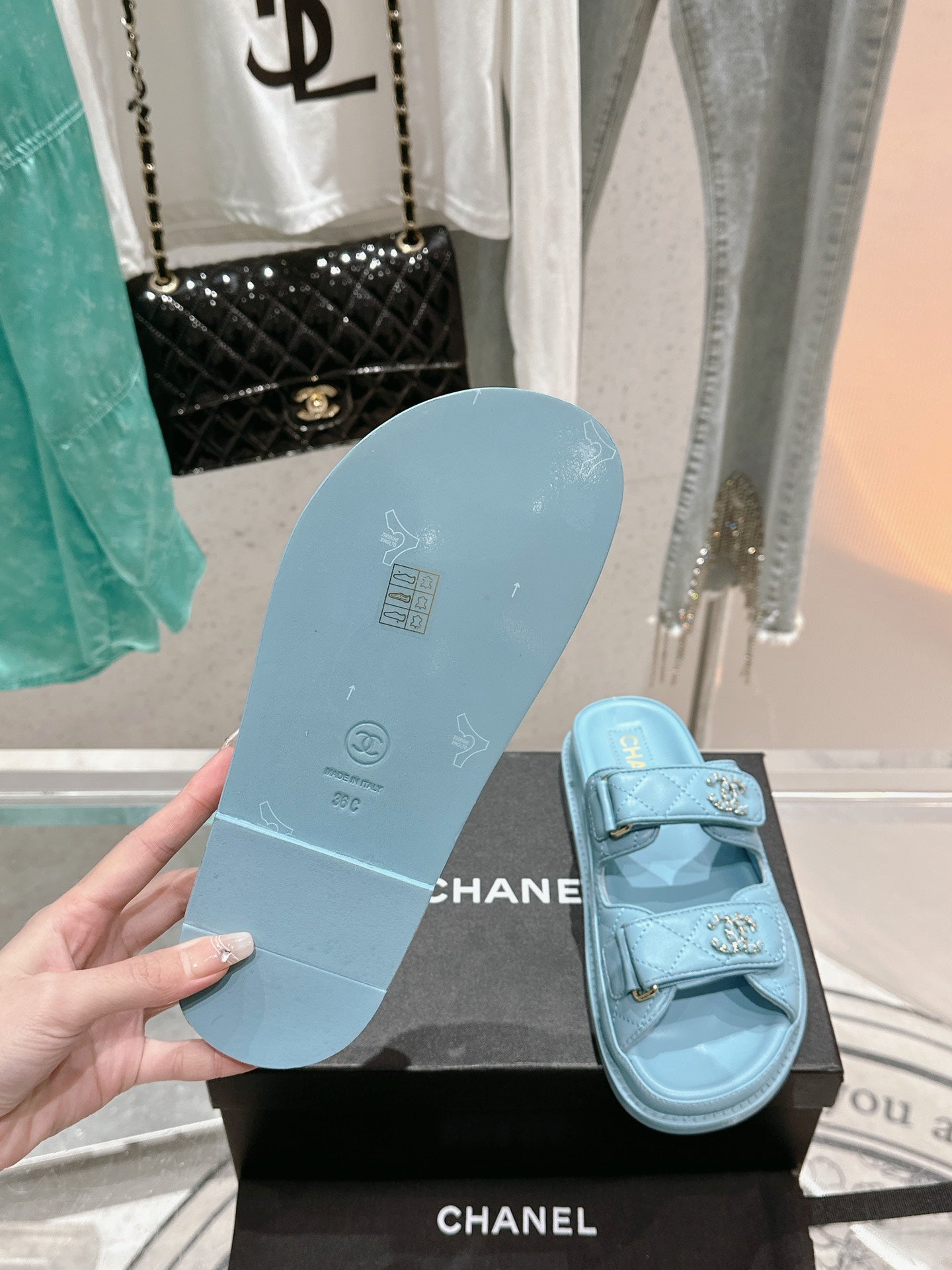 Chanel  Laminated Lambskin Quilted Velcro Dad Chain CC Slide Sandals 39.5 Light Blue