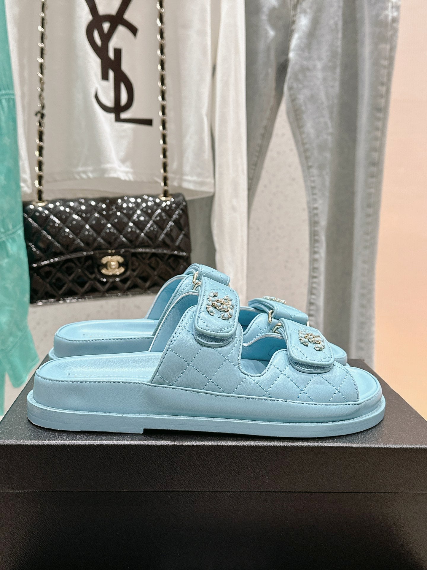 Chanel  Laminated Lambskin Quilted Velcro Dad Chain CC Slide Sandals 39.5 Light Blue