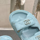 Chanel  Laminated Lambskin Quilted Velcro Dad Chain CC Slide Sandals 39.5 Light Blue