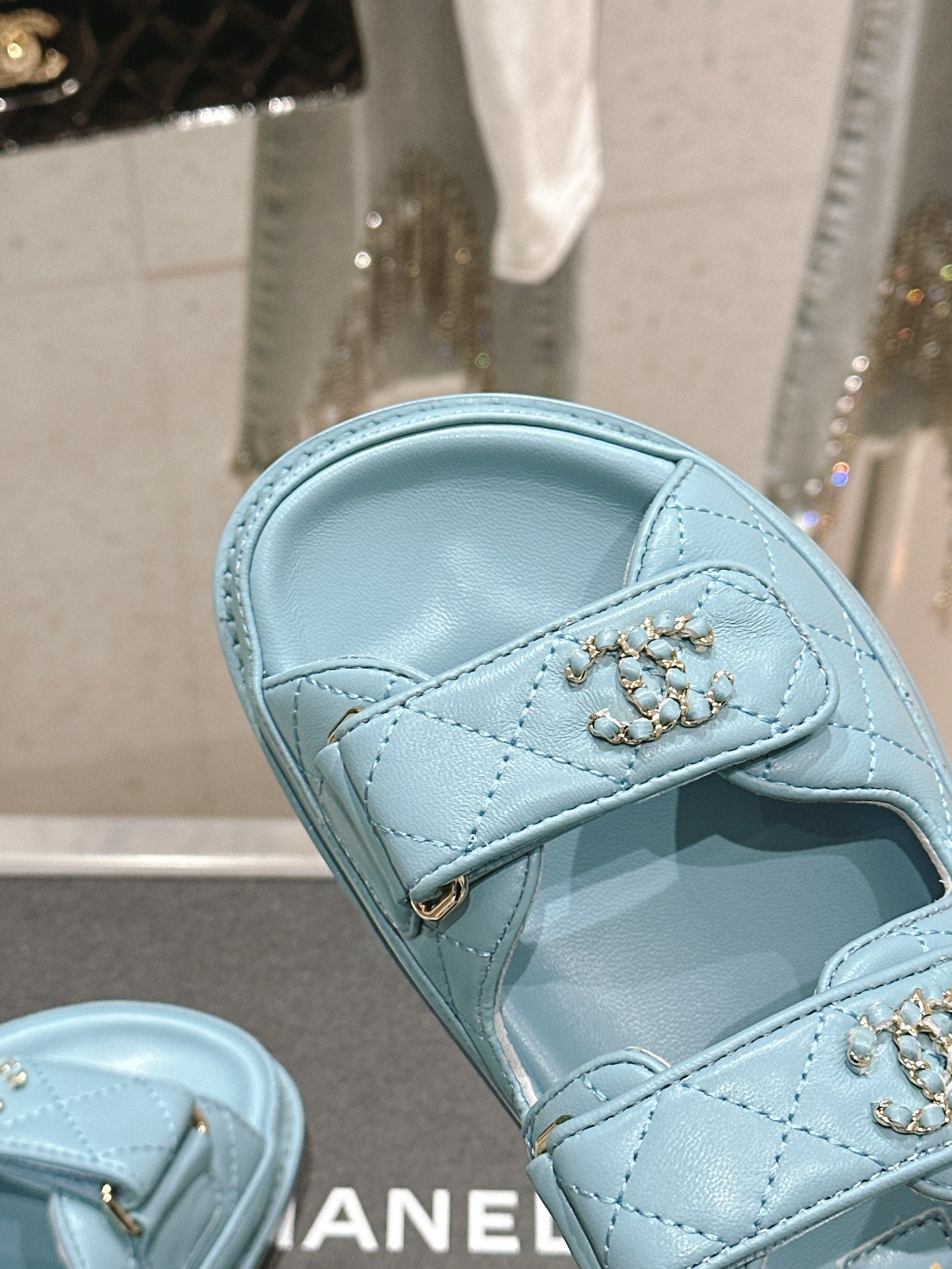 Chanel  Laminated Lambskin Quilted Velcro Dad Chain CC Slide Sandals 39.5 Light Blue