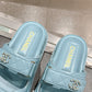 Chanel  Laminated Lambskin Quilted Velcro Dad Chain CC Slide Sandals 39.5 Light Blue