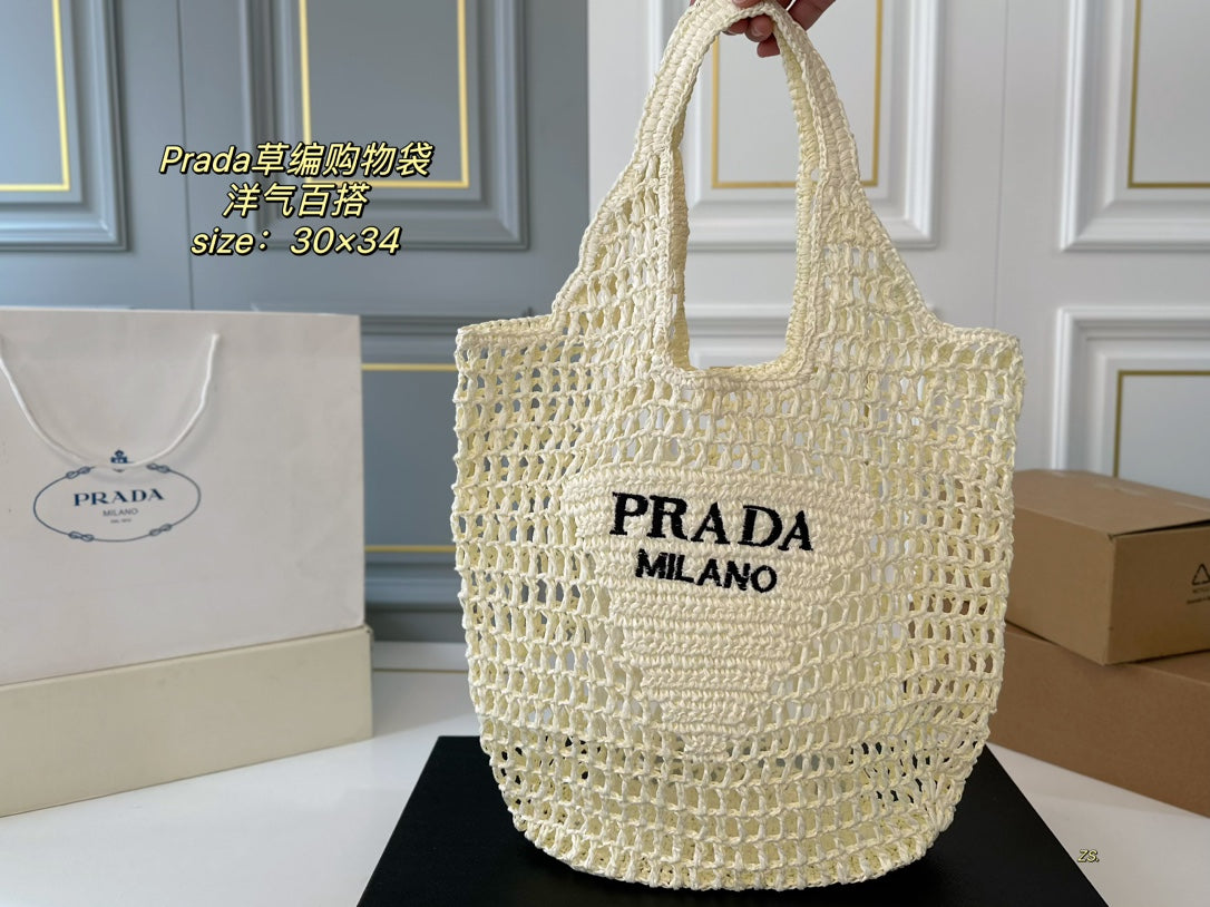 PRA-DA Raffia Tote, White, New in Dustbag- VIP