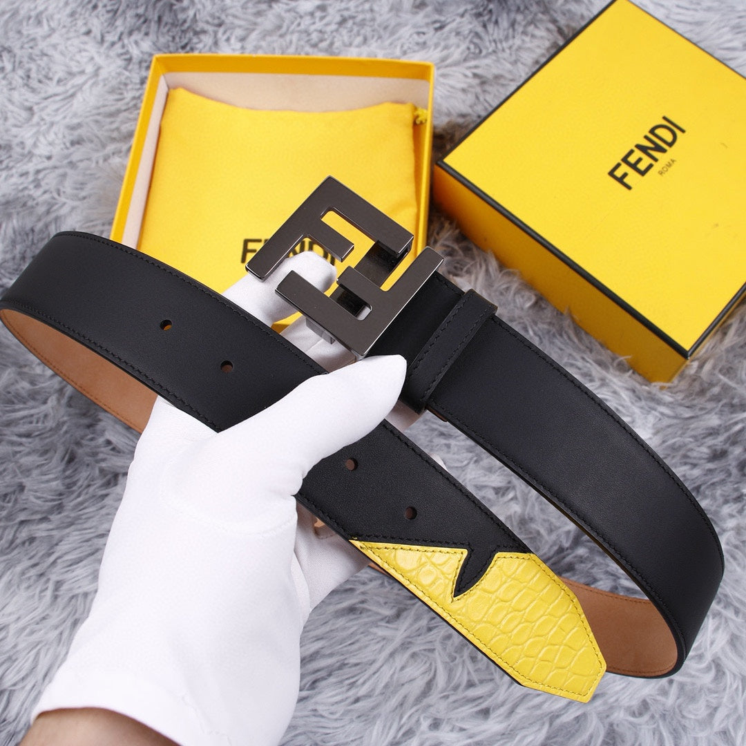 Genuine Fendi Leather Men's Fashion Belt - Steel Buckle, 4.0cm Width, Cowhide Waistband