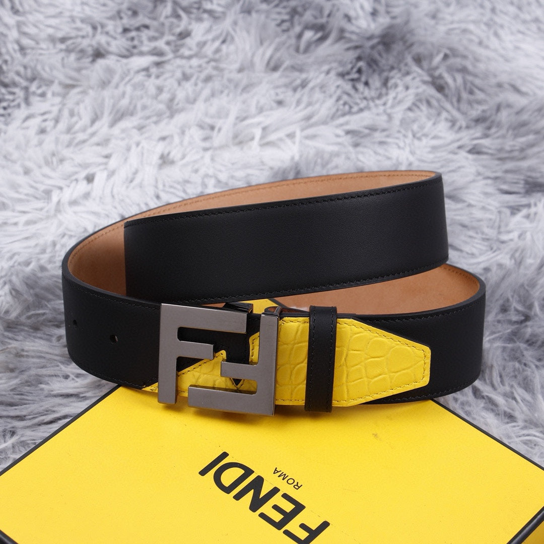 Genuine Fendi Leather Men's Fashion Belt - Steel Buckle, 4.0cm Width, Cowhide Waistband