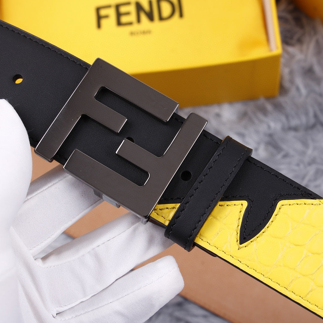 Genuine Fendi Leather Men's Fashion Belt - Steel Buckle, 4.0cm Width, Cowhide Waistband