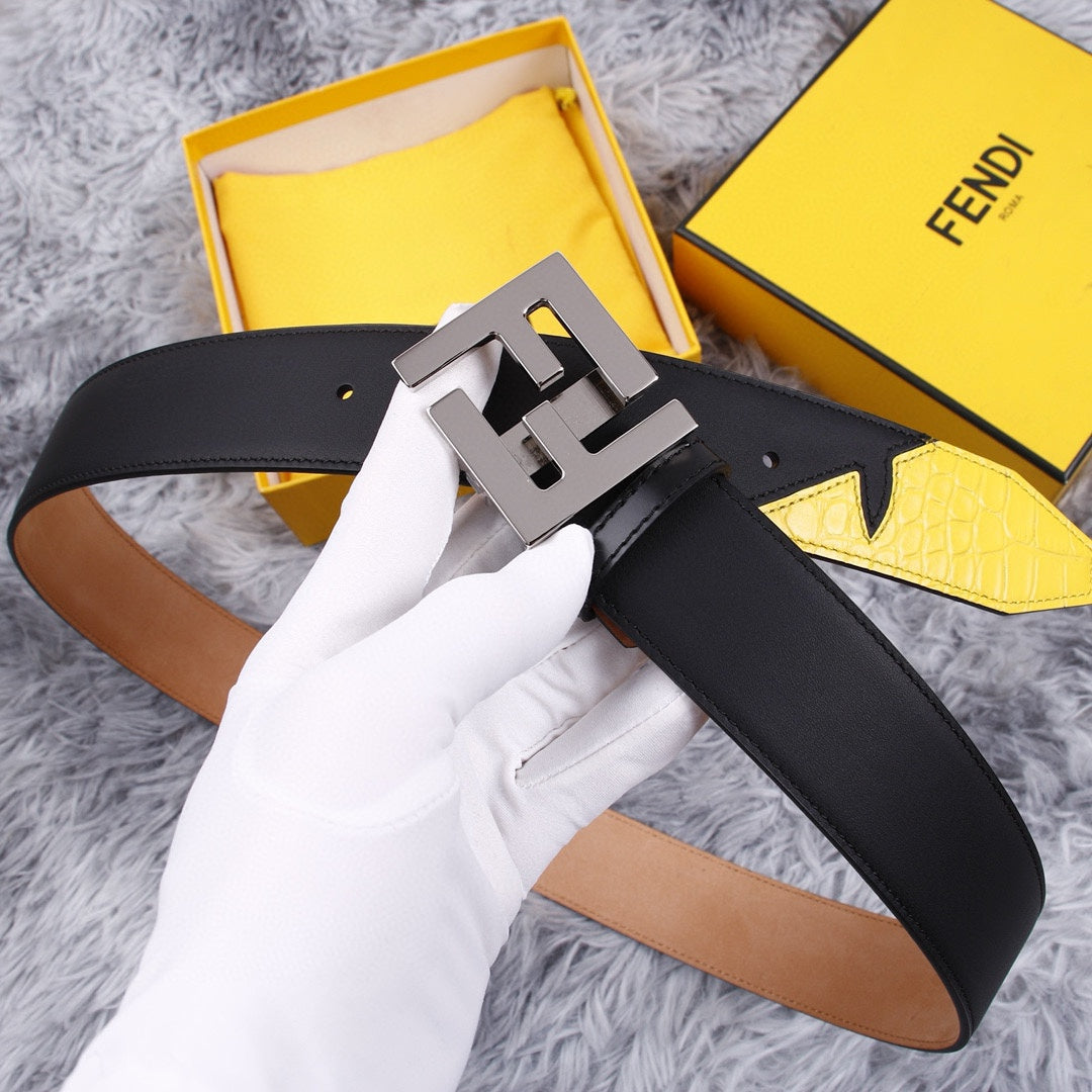 Genuine Fendi Leather Men's Fashion Belt - Steel Buckle, 4.0cm Width, Cowhide Waistband