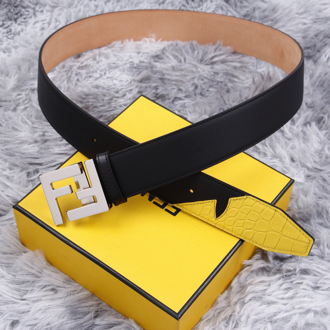 Genuine Fendi Leather Men's Fashion Belt - Steel Buckle, 4.0cm Width, Cowhide Waistband