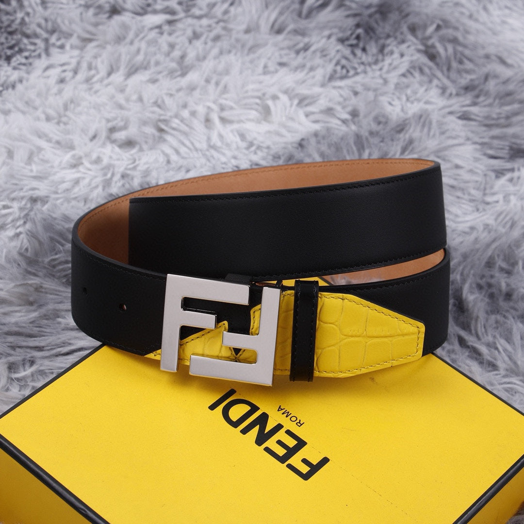 Genuine Fendi Leather Men's Fashion Belt - Steel Buckle, 4.0cm Width, Cowhide Waistband