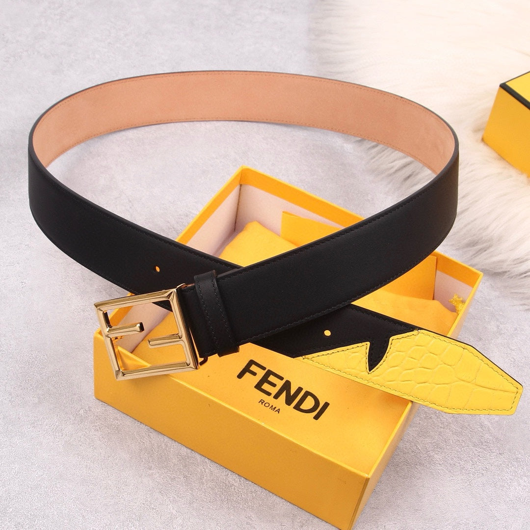 Genuine Fendi Leather Men's Fashion Belt - Steel Buckle, 4.0cm Width, Cowhide Waistband