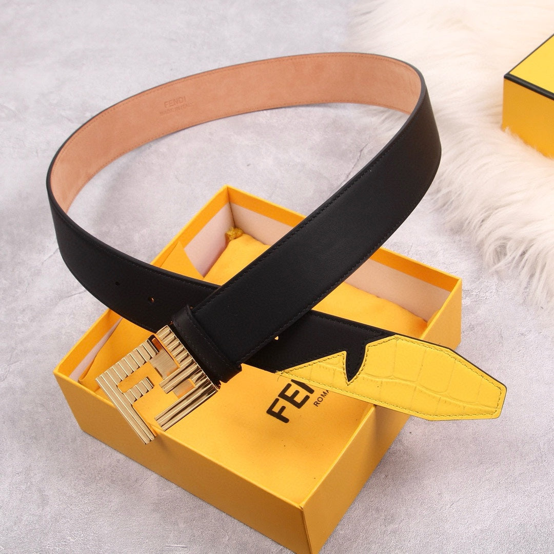 Genuine Fendi Leather Men's Fashion Belt - Steel Buckle, 4.0cm Width, Cowhide Waistband