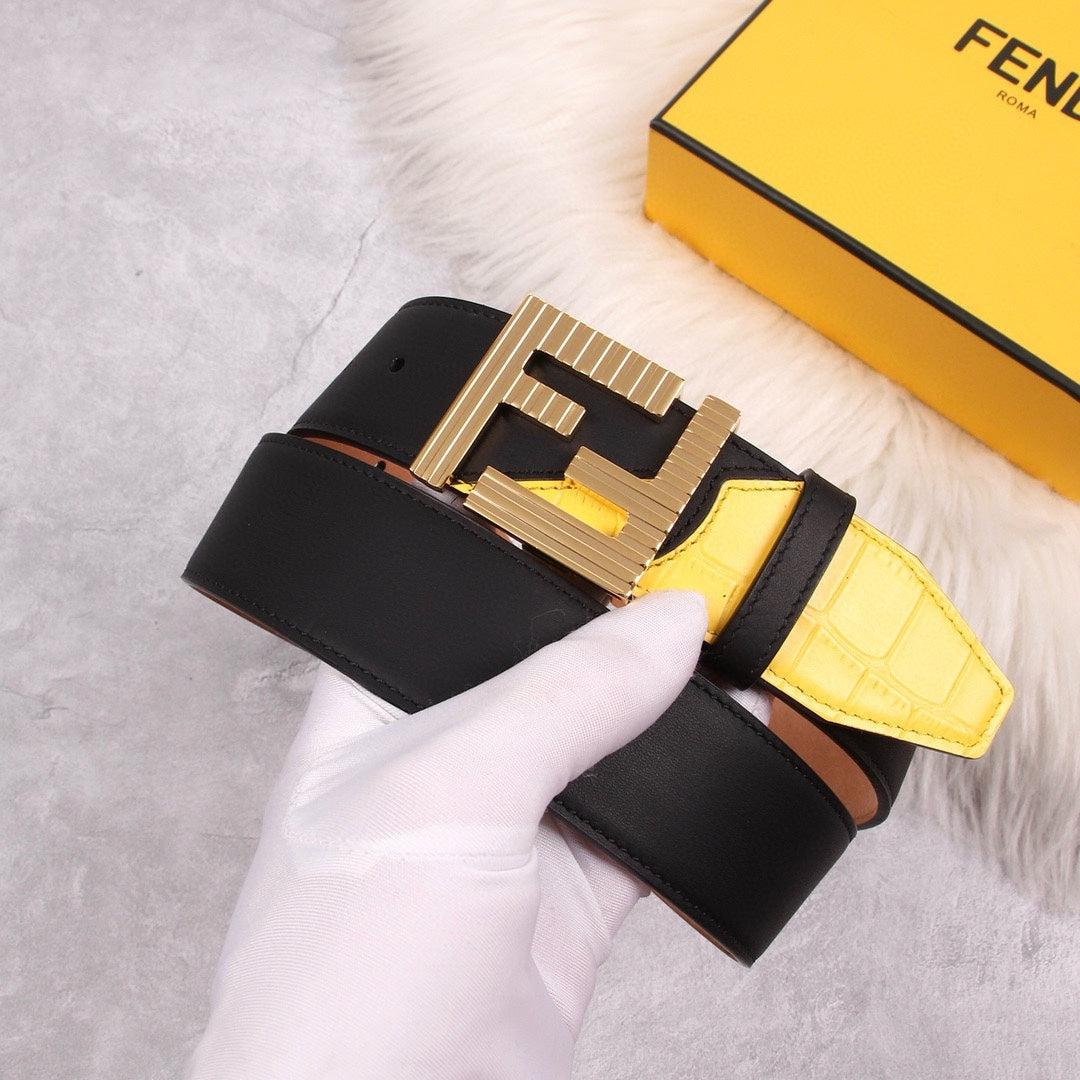 Genuine Fendi Leather Men's Fashion Belt - Steel Buckle, 4.0cm Width, Cowhide Waistband