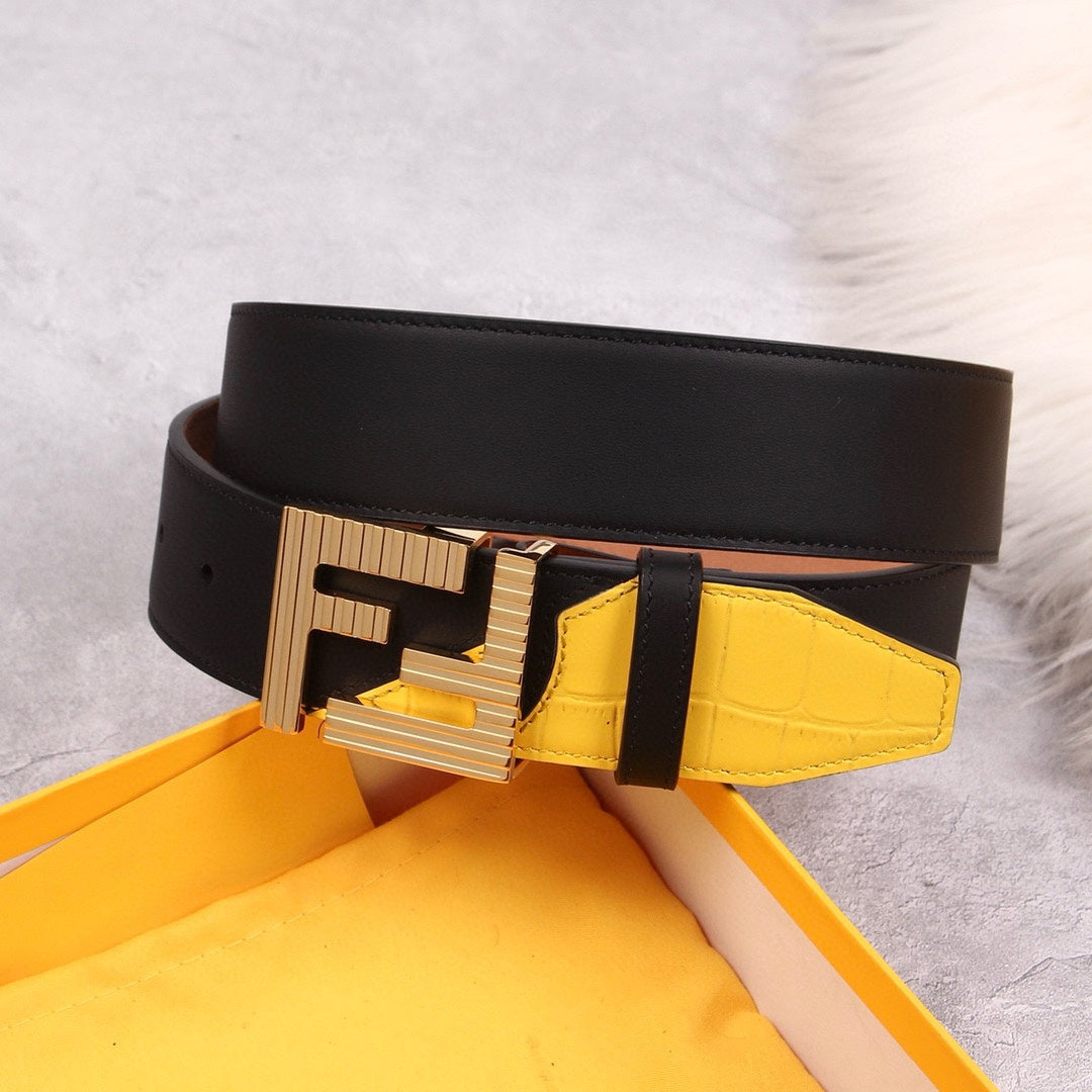 Genuine Fendi Leather Men's Fashion Belt - Steel Buckle, 4.0cm Width, Cowhide Waistband