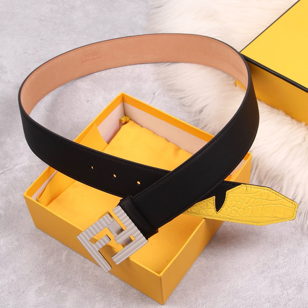 Genuine Fendi Leather Men's Fashion Belt - Steel Buckle, 4.0cm Width, Cowhide Waistband