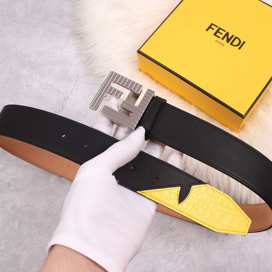 Genuine Fendi Leather Men's Fashion Belt - Steel Buckle, 4.0cm Width, Cowhide Waistband