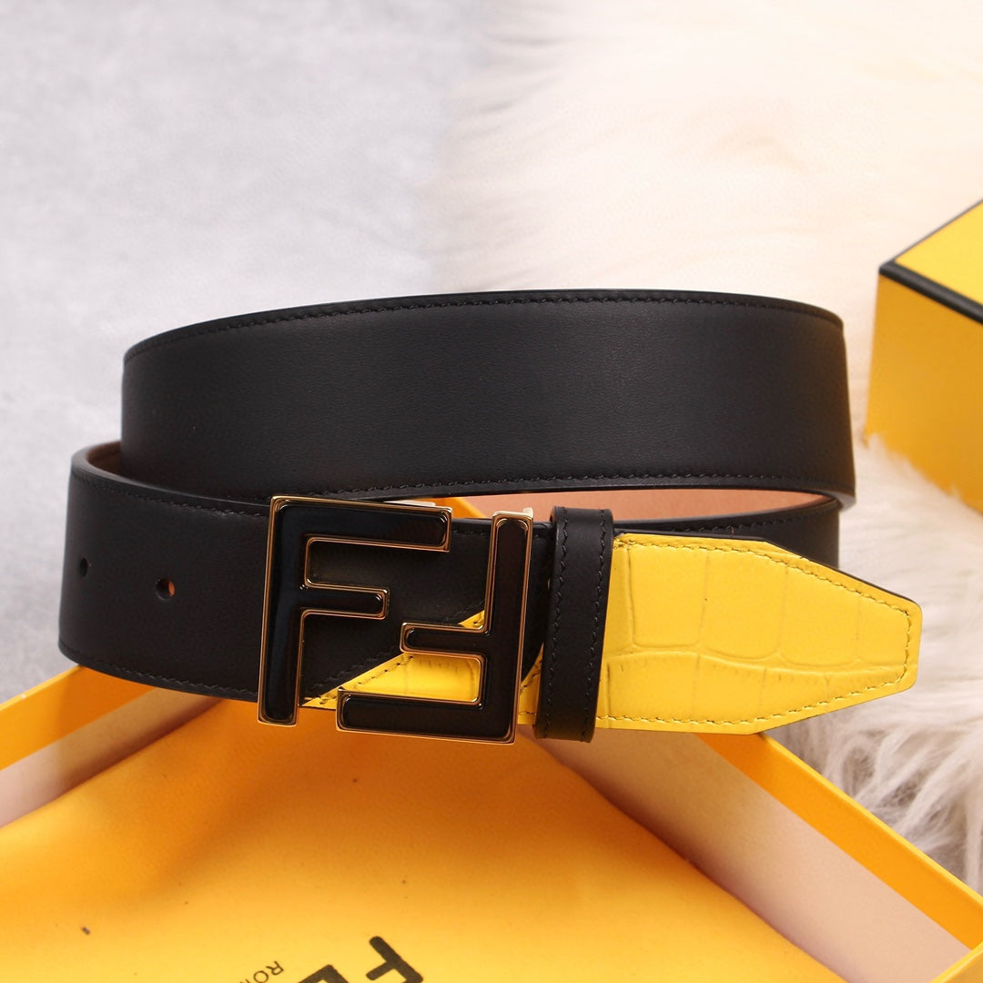 Genuine Fendi Leather Men's Fashion Belt - Steel Buckle, 4.0cm Width, Cowhide Waistband