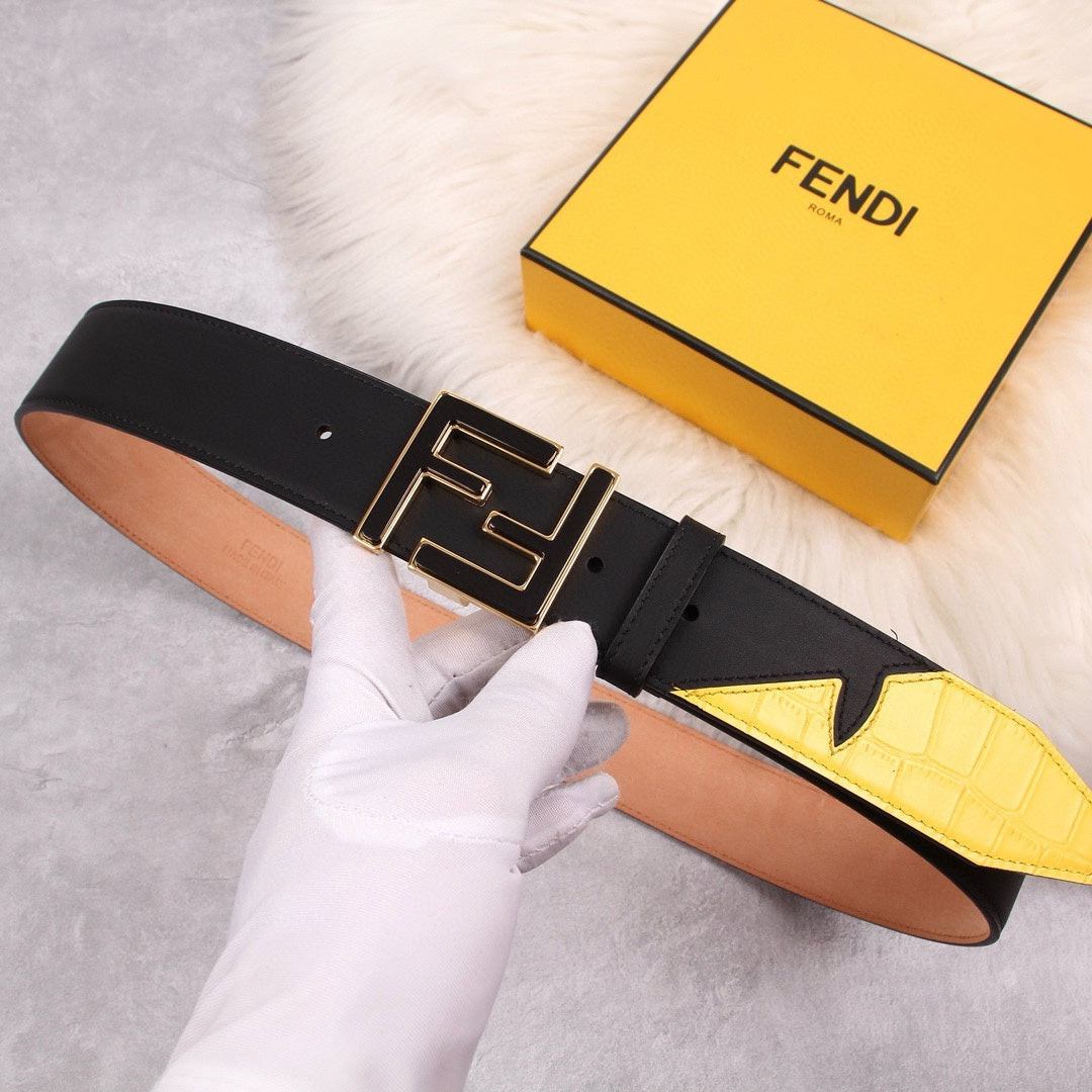 Genuine Fendi Leather Men's Fashion Belt - Steel Buckle, 4.0cm Width, Cowhide Waistband