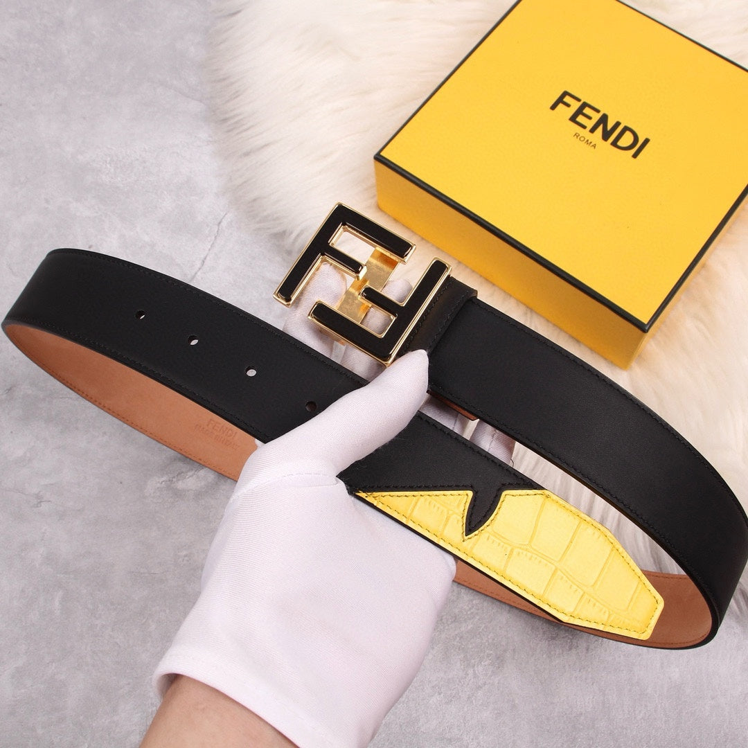 Genuine Fendi Leather Men's Fashion Belt - Steel Buckle, 4.0cm Width, Cowhide Waistband