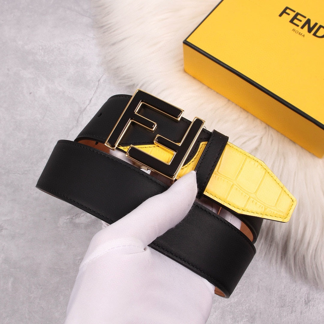 Genuine Fendi Leather Men's Fashion Belt - Steel Buckle, 4.0cm Width, Cowhide Waistband