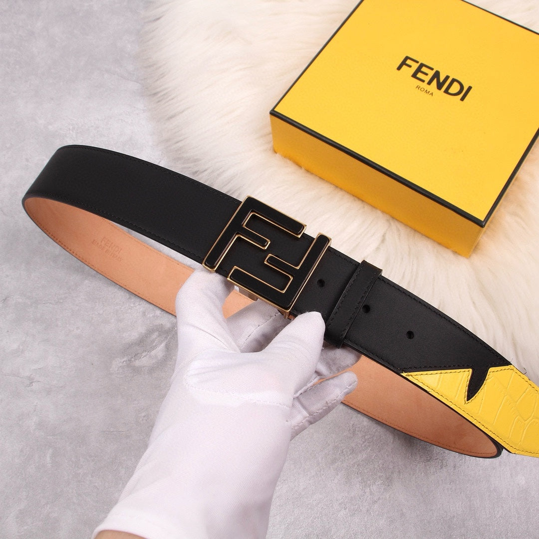 Genuine Fendi Leather Men's Fashion Belt - Steel Buckle, 4.0cm Width, Cowhide Waistband