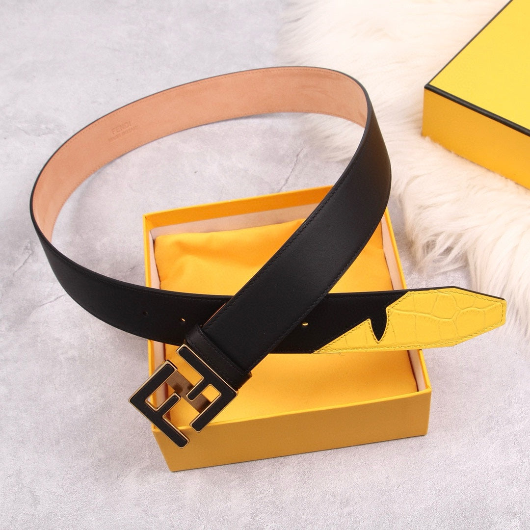 Genuine Fendi Leather Men's Fashion Belt - Steel Buckle, 4.0cm Width, Cowhide Waistband