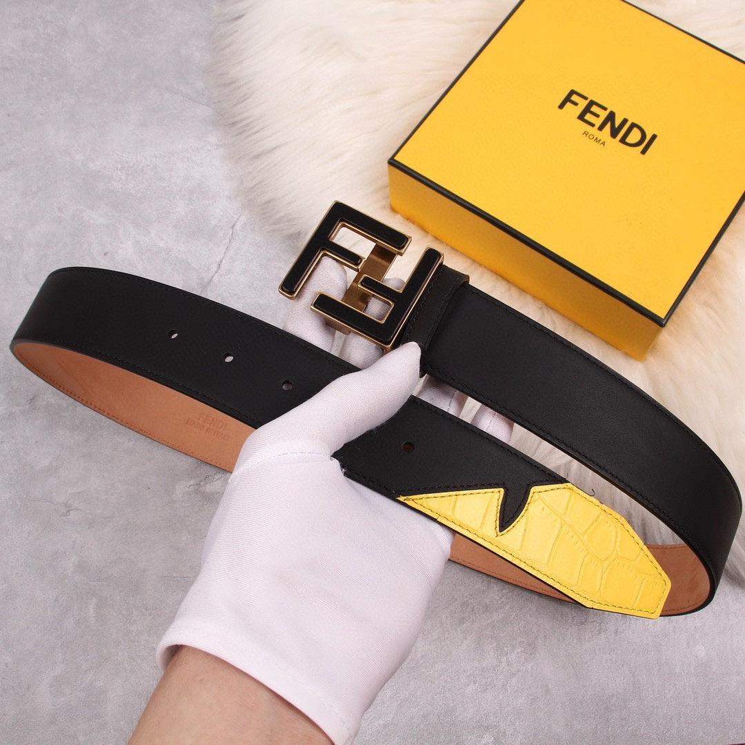 Genuine Fendi Leather Men's Fashion Belt - Steel Buckle, 4.0cm Width, Cowhide Waistband