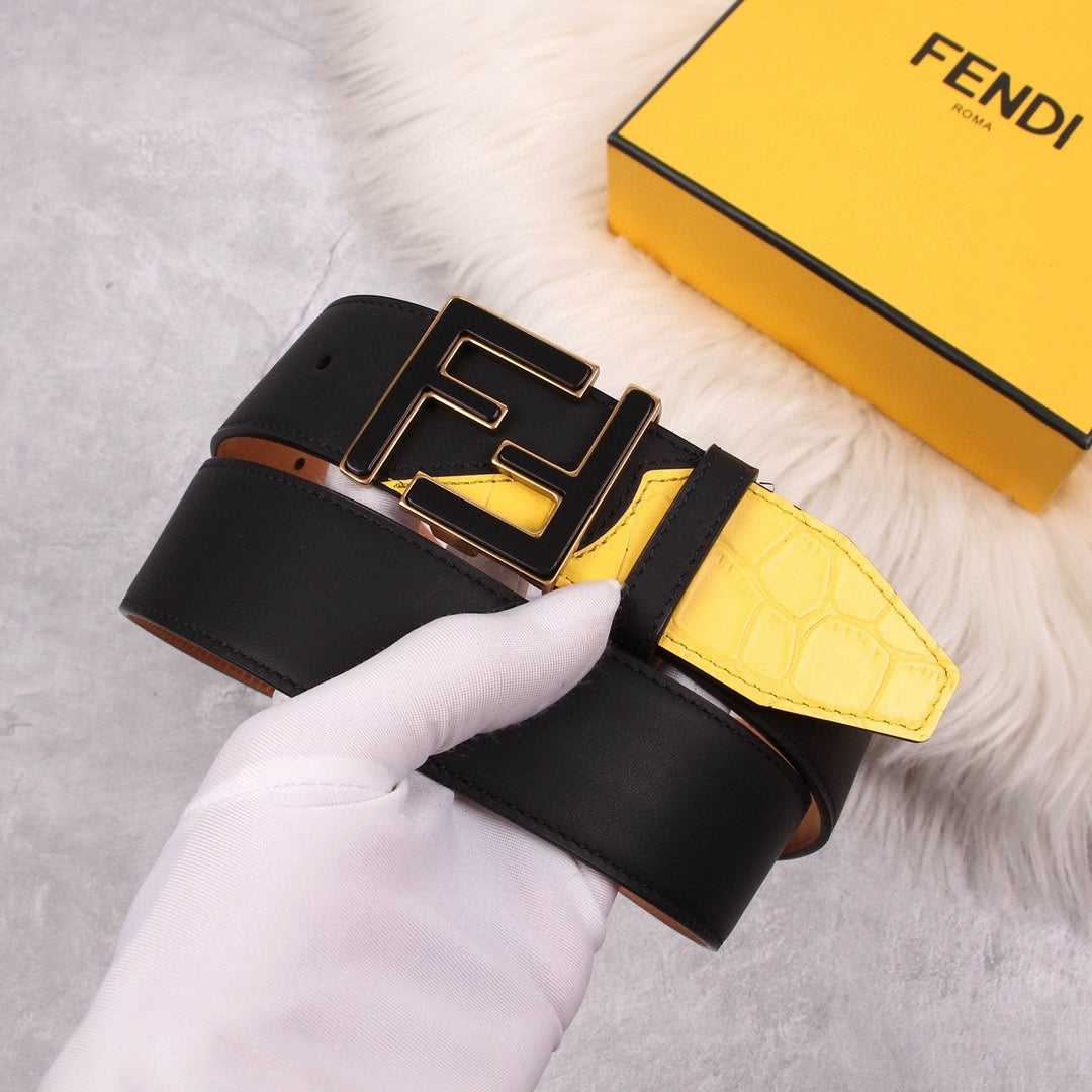 Genuine Fendi Leather Men's Fashion Belt - Steel Buckle, 4.0cm Width, Cowhide Waistband