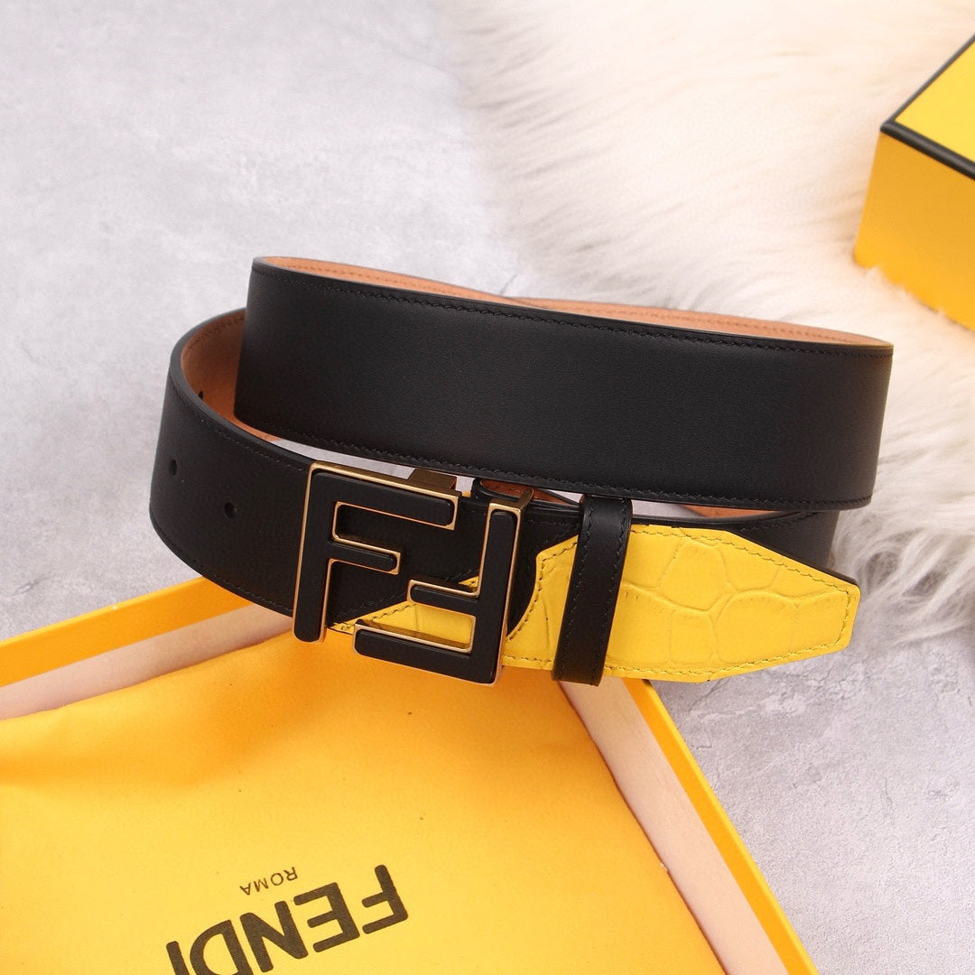 Genuine Fendi Leather Men's Fashion Belt - Steel Buckle, 4.0cm Width, Cowhide Waistband