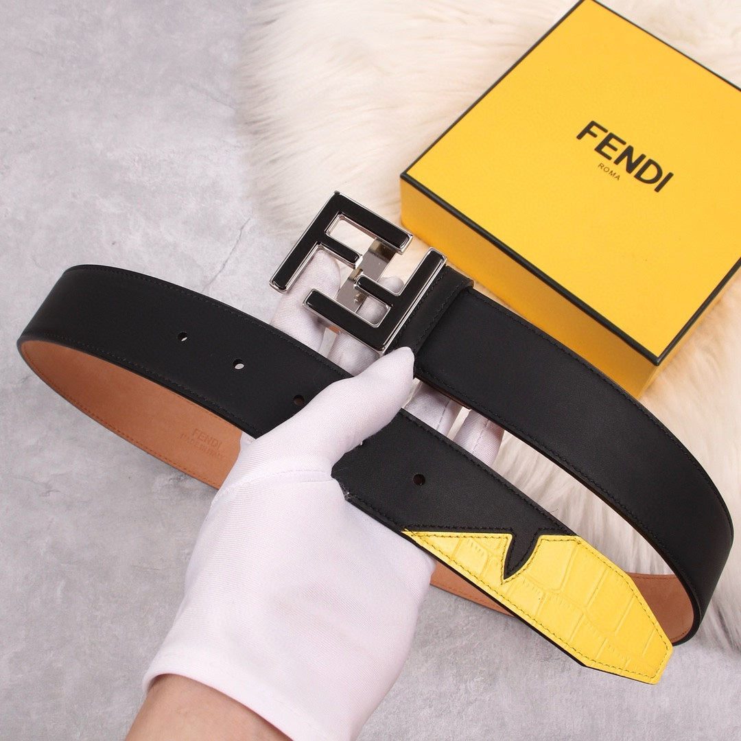 Genuine Fendi Leather Men's Fashion Belt - Steel Buckle, 4.0cm Width, Cowhide Waistband