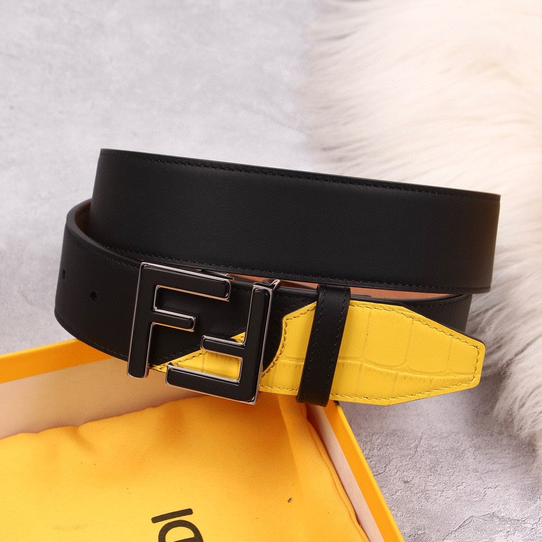 Genuine Fendi Leather Men's Fashion Belt - Steel Buckle, 4.0cm Width, Cowhide Waistband