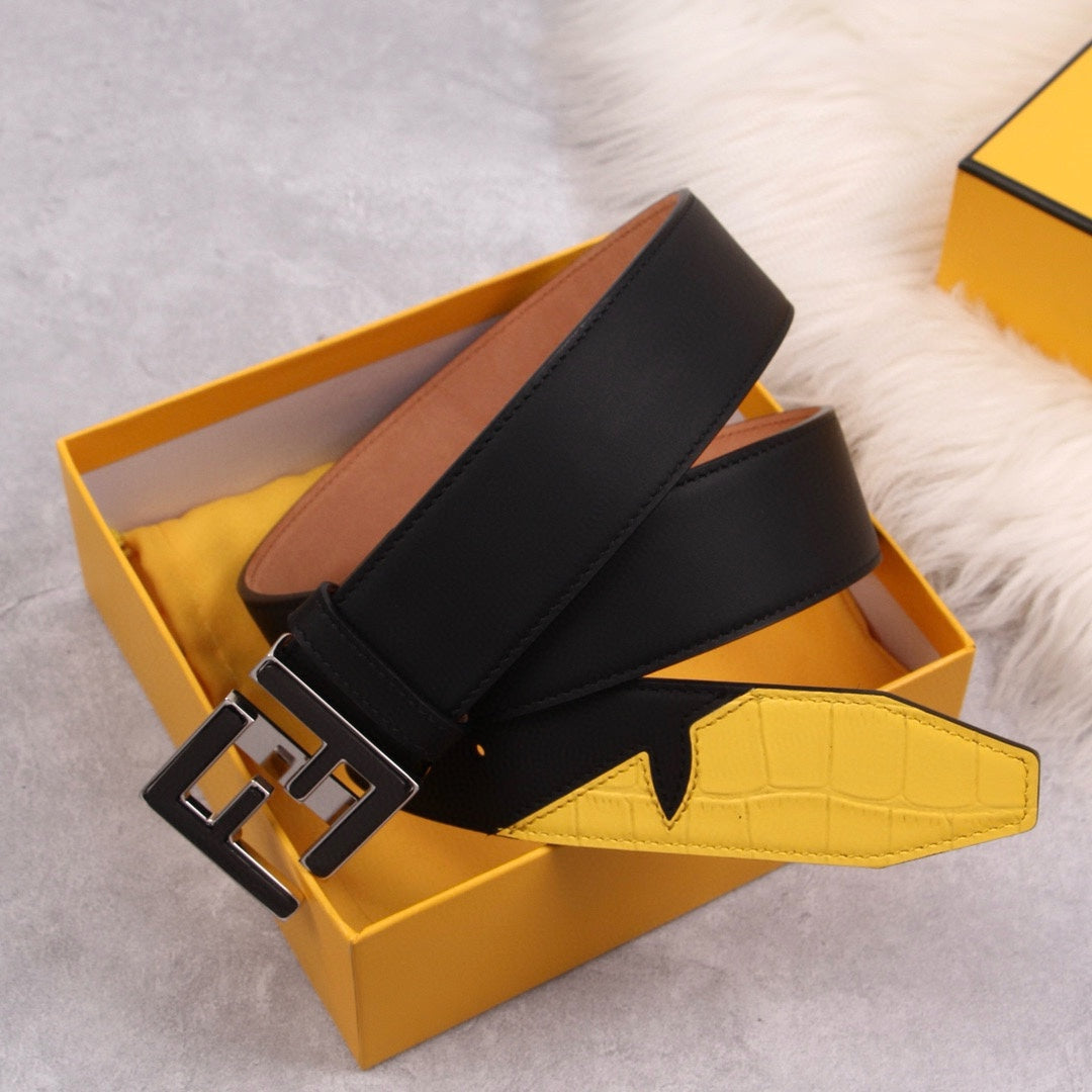 Genuine Fendi Leather Men's Fashion Belt - Steel Buckle, 4.0cm Width, Cowhide Waistband