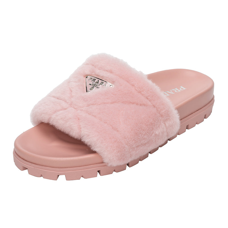 PRA-DA Slide Slippers In Pink Quilted Shearling Shoe