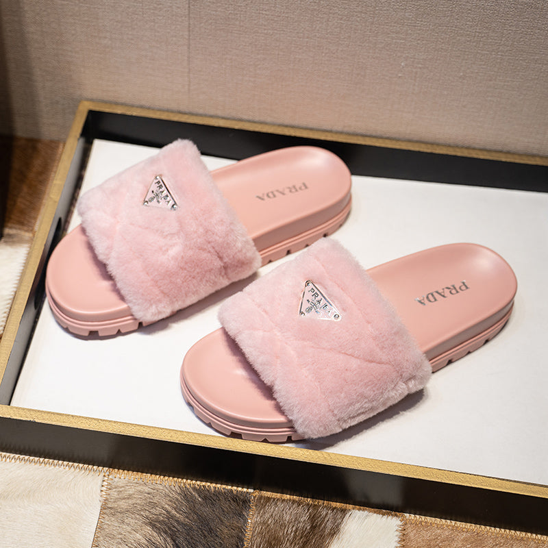 PRA-DA Slide Slippers In Pink Quilted Shearling Shoe