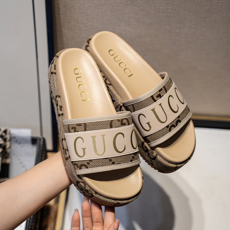 Gucci Platform Slides Women GG Supreme Sheepskin Gold- SHOE