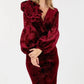 Flower Patch Flocked Velvet Fitted Midi Dress With Puff Sleeves