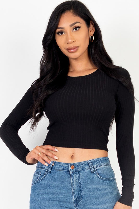 Long Sleeve Round Neck Basic Crop Top