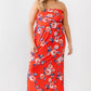 Plus Red Rose Print Ruched Strapless Midi Dress