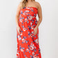 Plus Red Rose Print Ruched Strapless Midi Dress