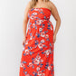 Plus Red Rose Print Ruched Strapless Midi Dress